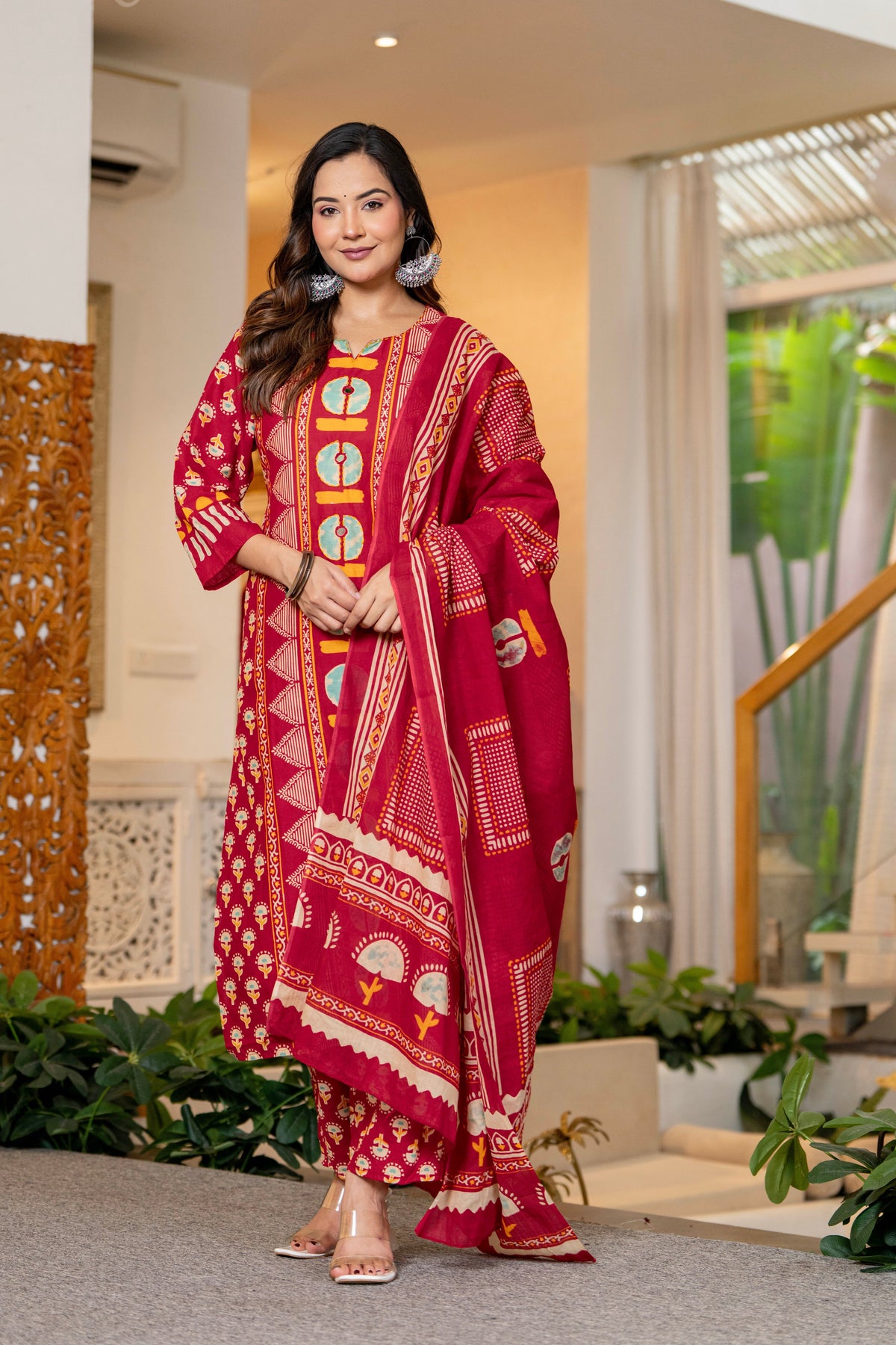 Red Printed Handwork Cotton Suit Set with Dupatta