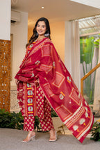 Red Printed Handwork Cotton Suit Set with Dupatta