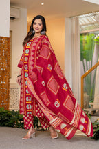 Red Printed Handwork Cotton Suit Set with Dupatta