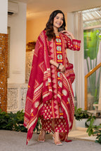 Red Printed Handwork Cotton Suit Set with Dupatta