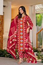 Red Printed Handwork Cotton Suit Set with Dupatta