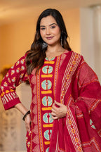 Red Printed Handwork Cotton Suit Set with Dupatta