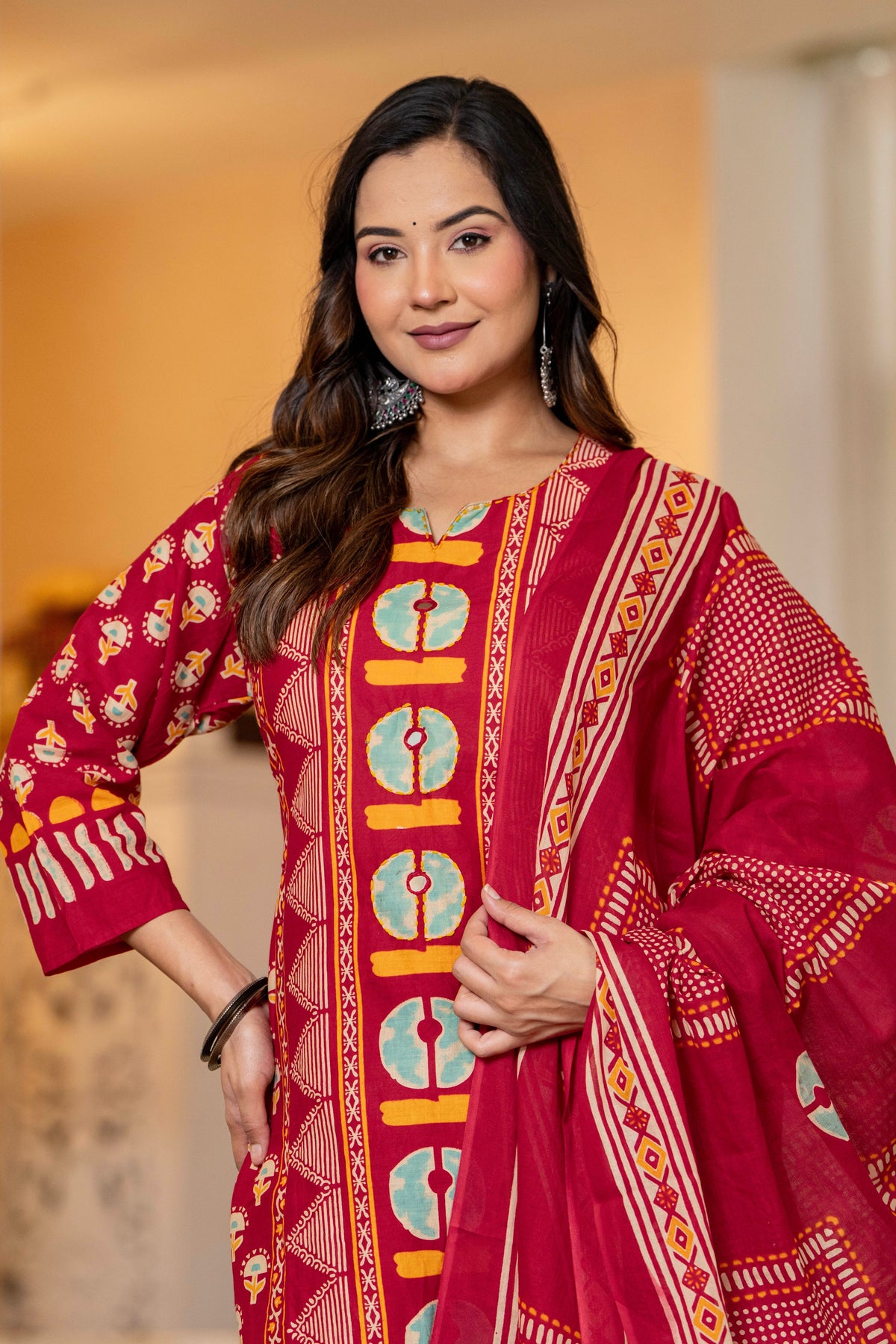 Red Printed Handwork Cotton Suit Set with Dupatta
