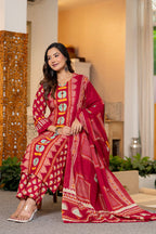 Red Printed Handwork Cotton Suit Set with Dupatta