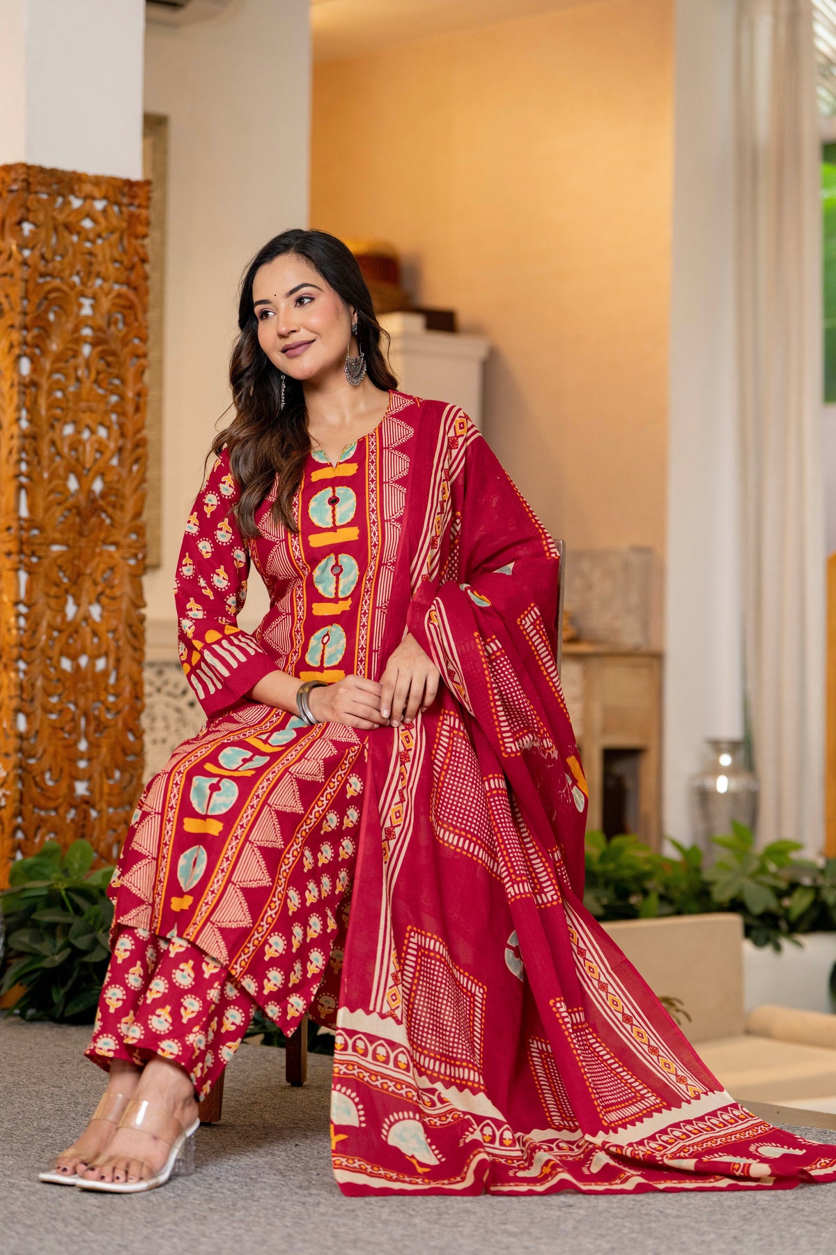 Red Printed Handwork Cotton Suit Set with Dupatta