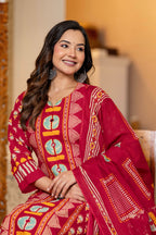 Red Printed Handwork Cotton Suit Set with Dupatta