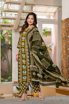 Dark Green Printed Handwork Cotton Suit Set with Dupatta