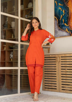 Rust Embroidered Cotton Co-Ord Set