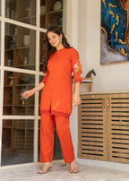 Rust Embroidered Cotton Co-Ord Set