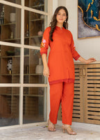 Rust Embroidered Cotton Co-Ord Set