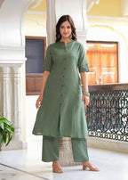 Green Katha Cotton Kurta and Palazzo Set