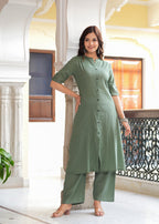 Green Katha Cotton Kurta and Palazzo Set