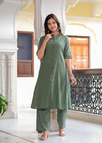 Green Katha Cotton Kurta and Palazzo Set