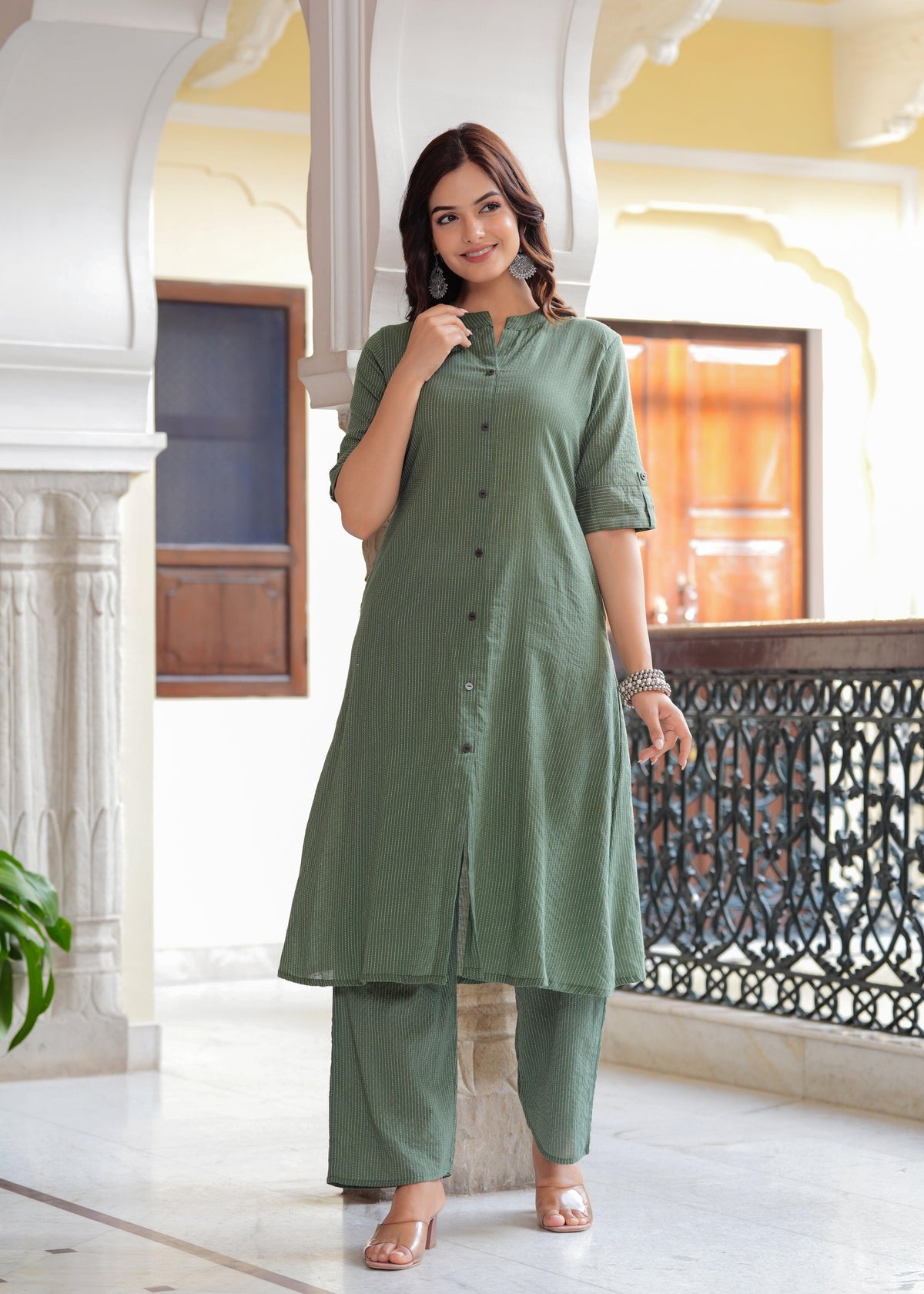 Green Katha Cotton Kurta and Palazzo Set