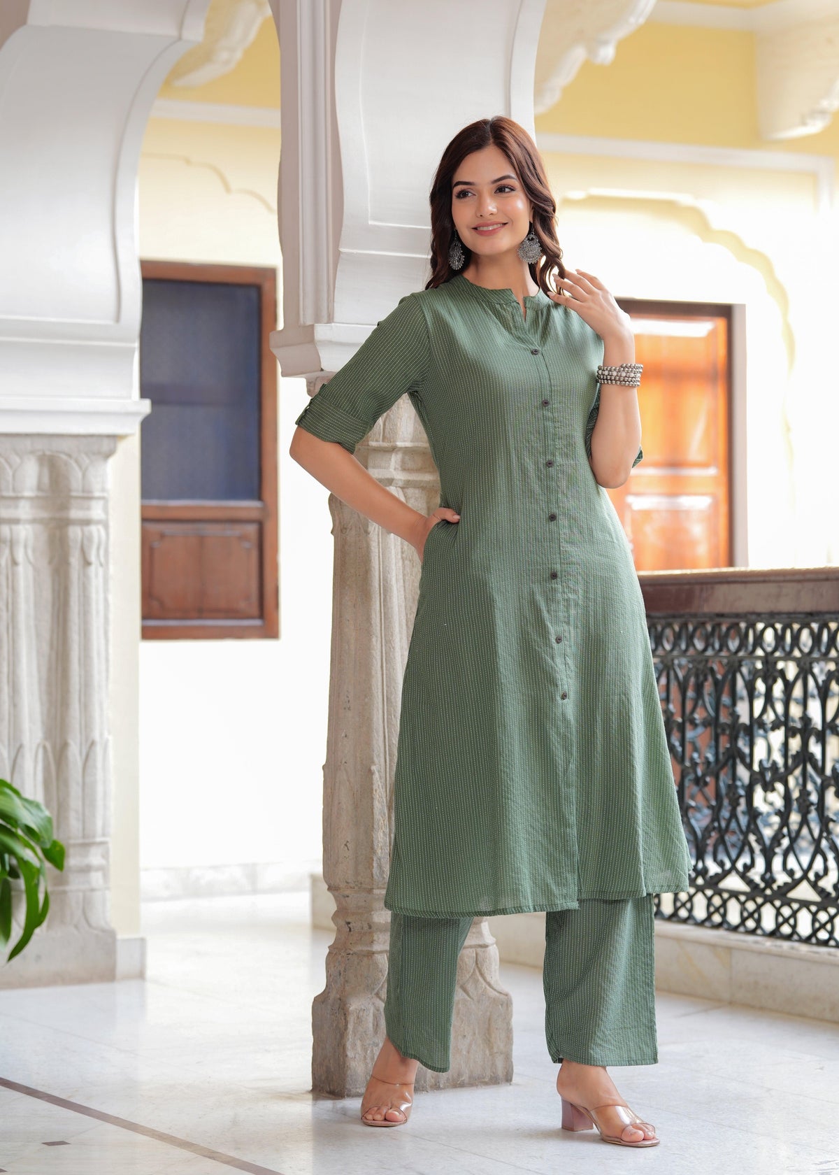 Green Katha Cotton Kurta and Palazzo Set