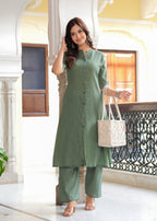 Green Katha Cotton Kurta and Palazzo Set