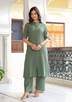 Green Katha Cotton Kurta and Palazzo Set