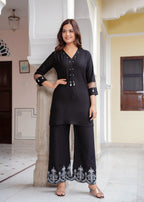 Black Embroidered Rayon Co-Ord Set