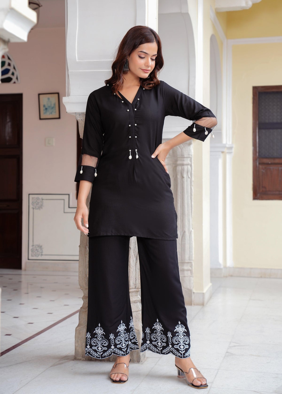 Black Embroidered Rayon Co-Ord Set