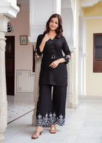 Black Embroidered Rayon Co-Ord Set