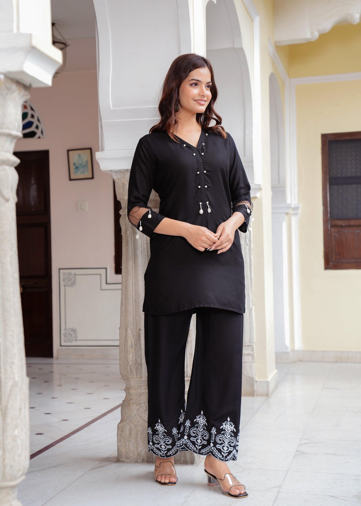 Black Embroidered Rayon Co-Ord Set