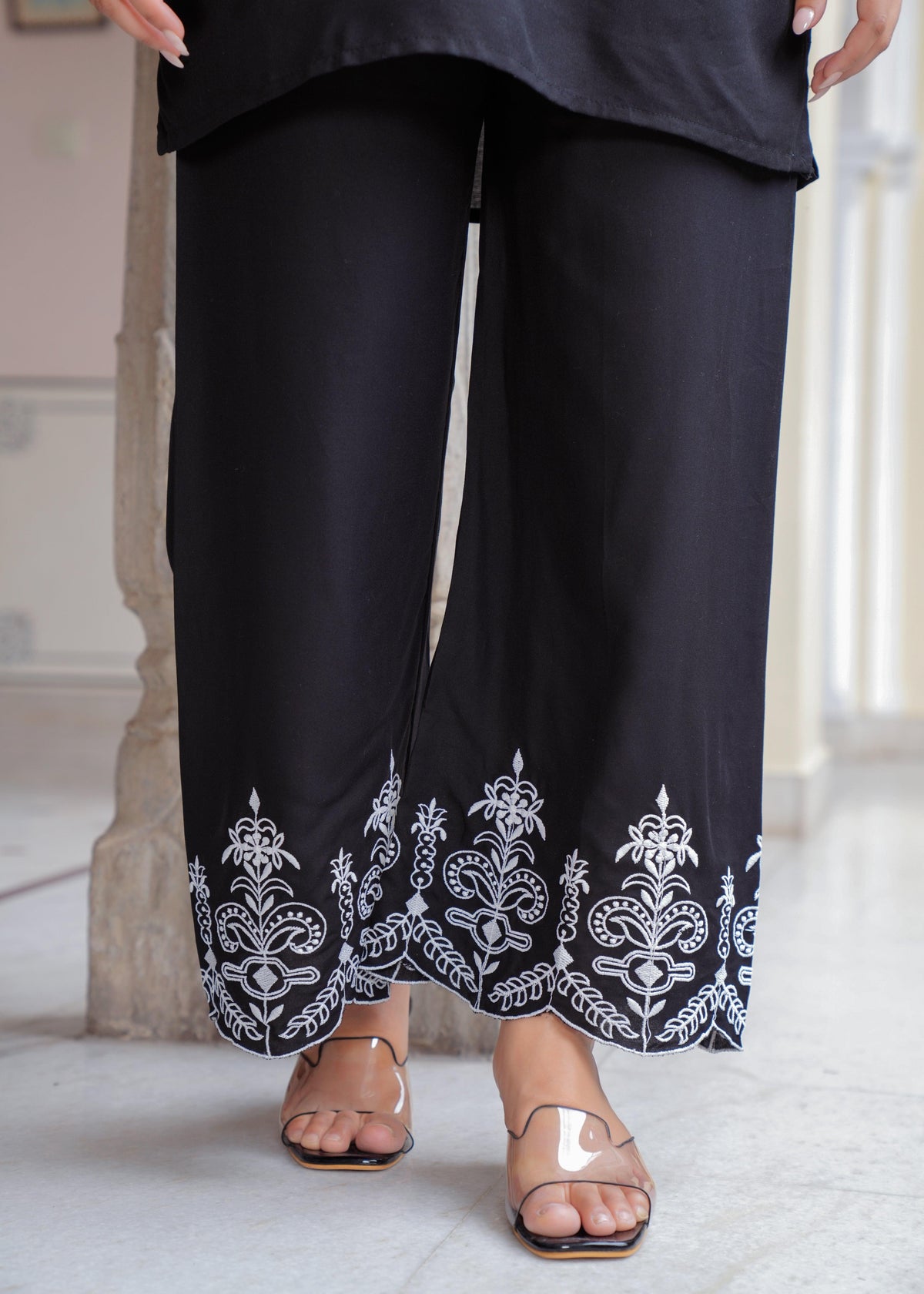 Black Embroidered Rayon Co-Ord Set