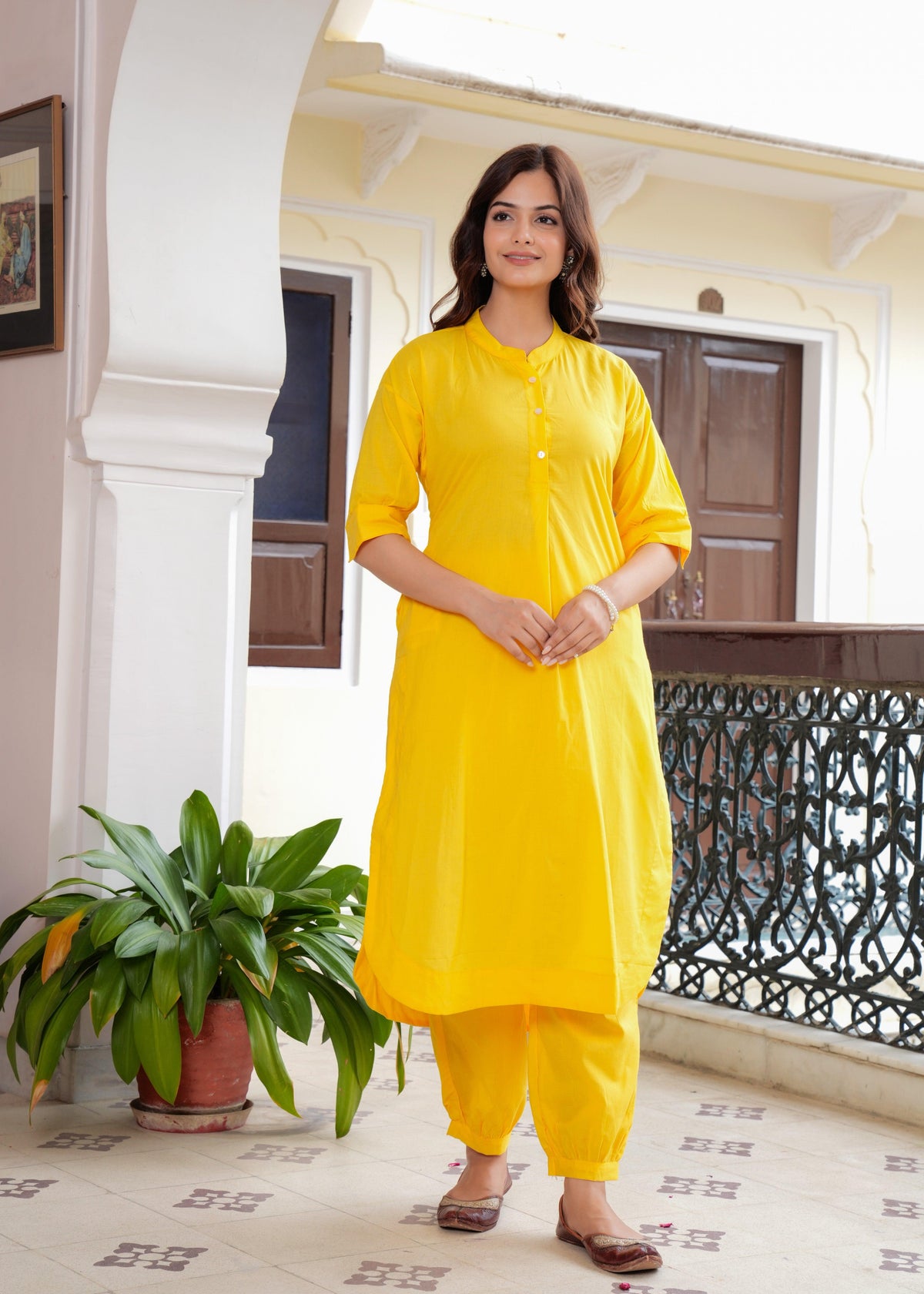 Yellow Cotton Pathani Kurta and Afghani Pant Set