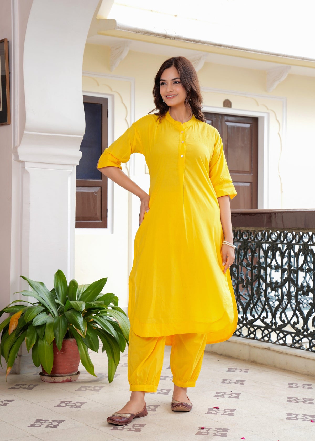 Yellow Cotton Pathani Kurta and Afghani Pant Set