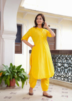 Yellow Cotton Pathani Kurta and Afghani Pant Set