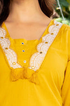 Yellow Embroidered Cotton Kurta and Pant Set with Dupatta