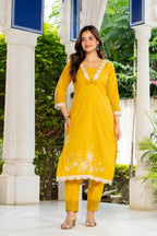Yellow Embroidered Cotton Kurta and Pant Set with Dupatta