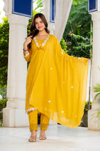 Yellow Embroidered Cotton Kurta and Pant Set with Dupatta