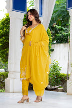 Yellow Embroidered Cotton Kurta and Pant Set with Dupatta