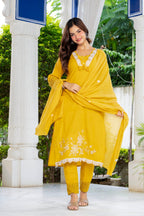 Yellow Embroidered Cotton Kurta and Pant Set with Dupatta