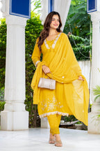 Yellow Embroidered Cotton Kurta and Pant Set with Dupatta