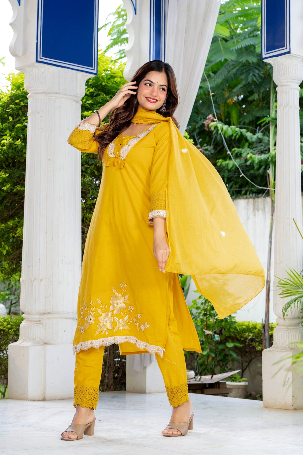 Yellow Embroidered Cotton Kurta and Pant Set with Dupatta