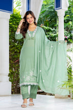 Green Embroidered Cotton Kurta and Pant Set with Dupatta