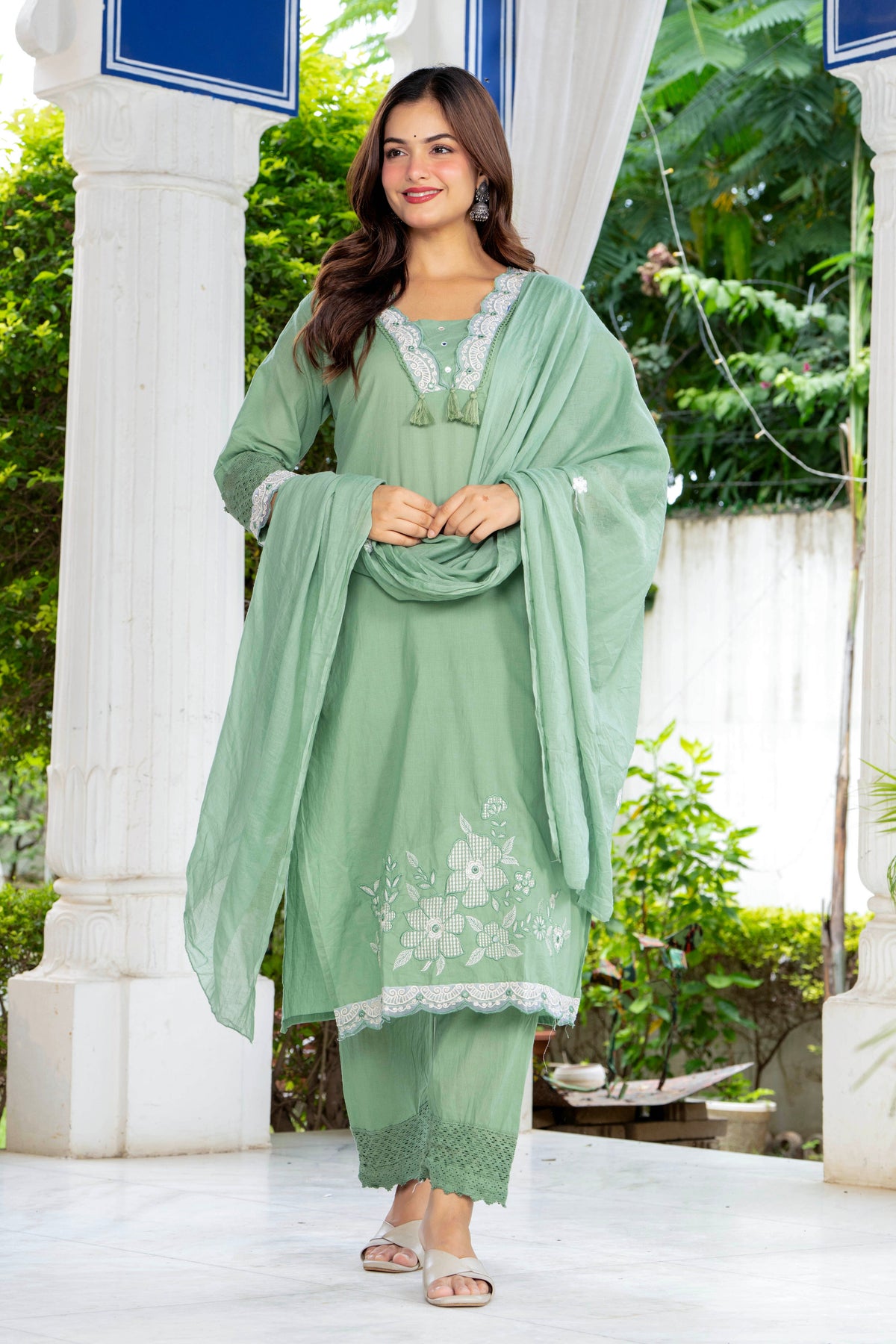 Green Embroidered Cotton Kurta and Pant Set with Dupatta