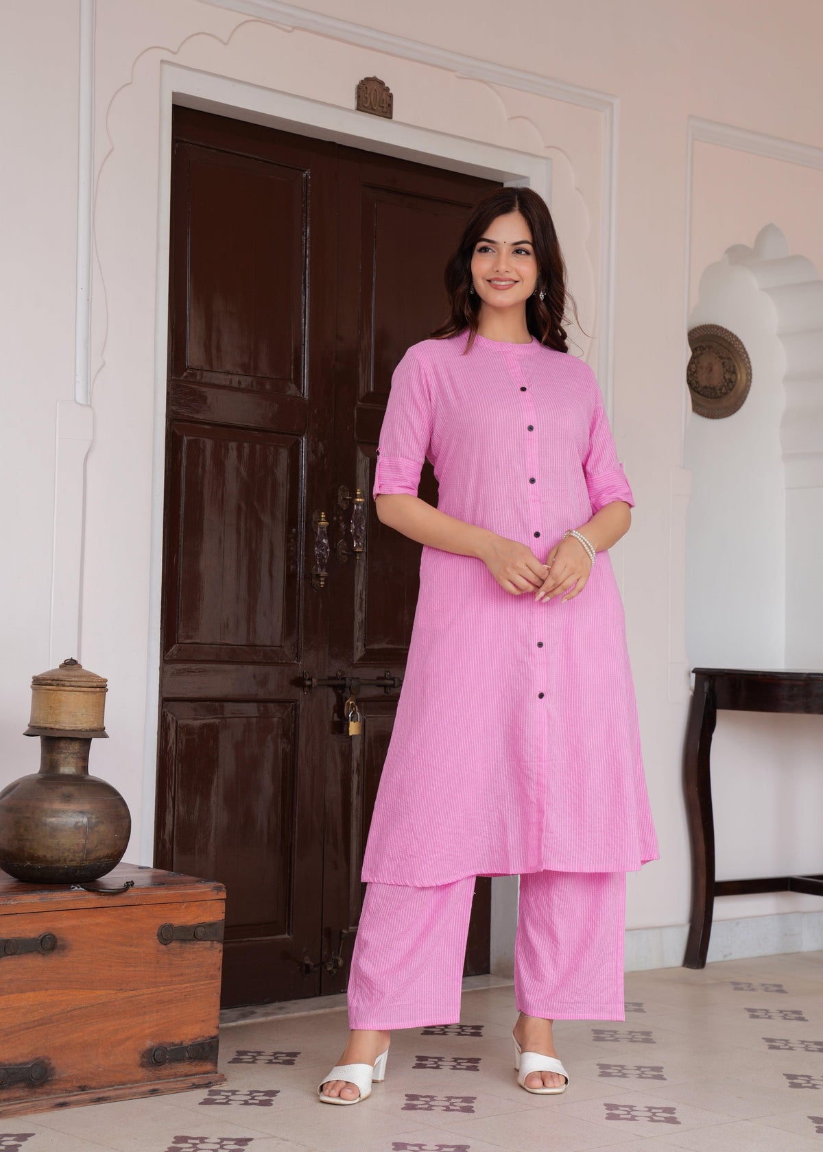 Baby Pink Katha Cotton Kurta and Palazzo Set