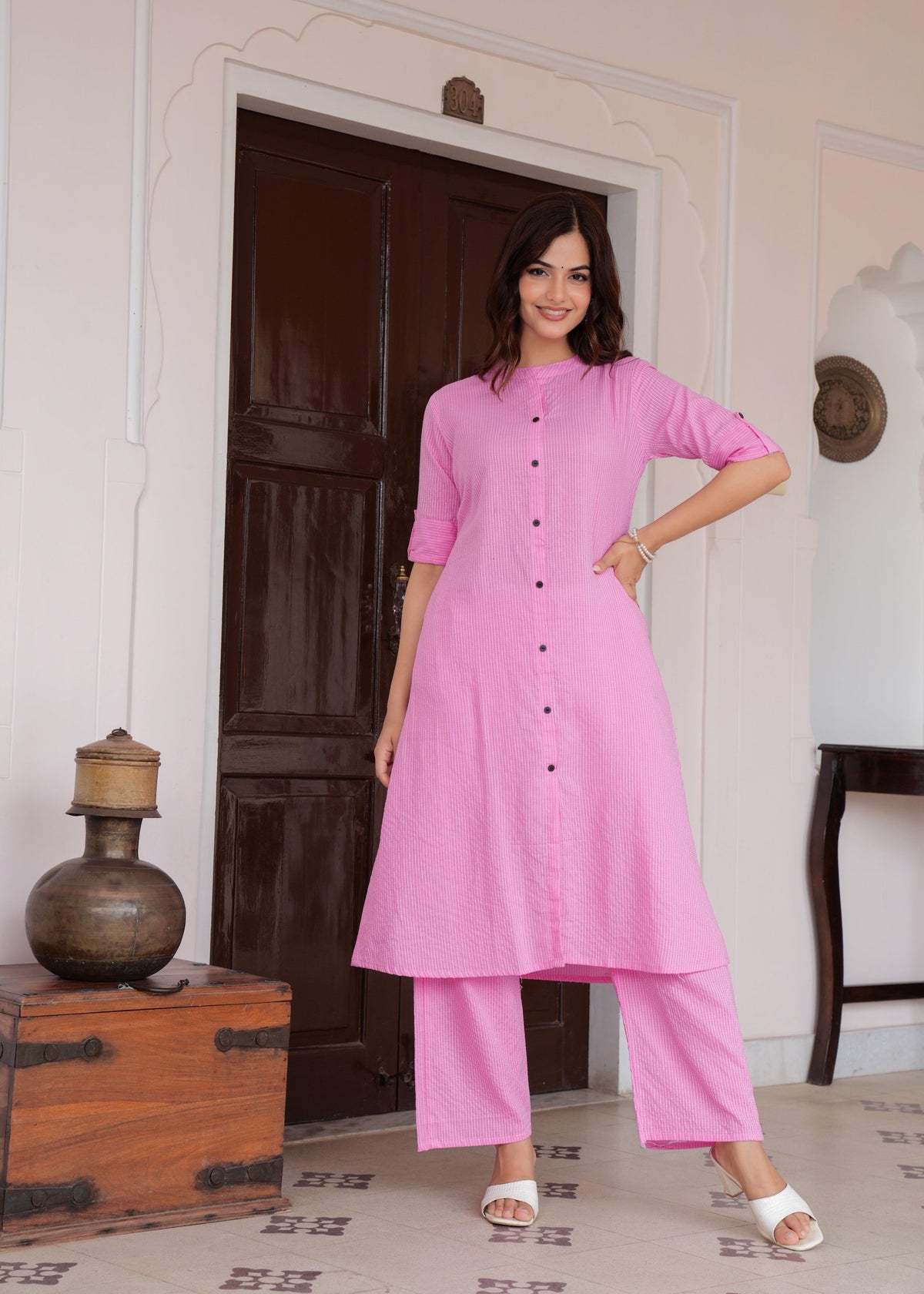 Baby Pink Katha Cotton Kurta and Palazzo Set