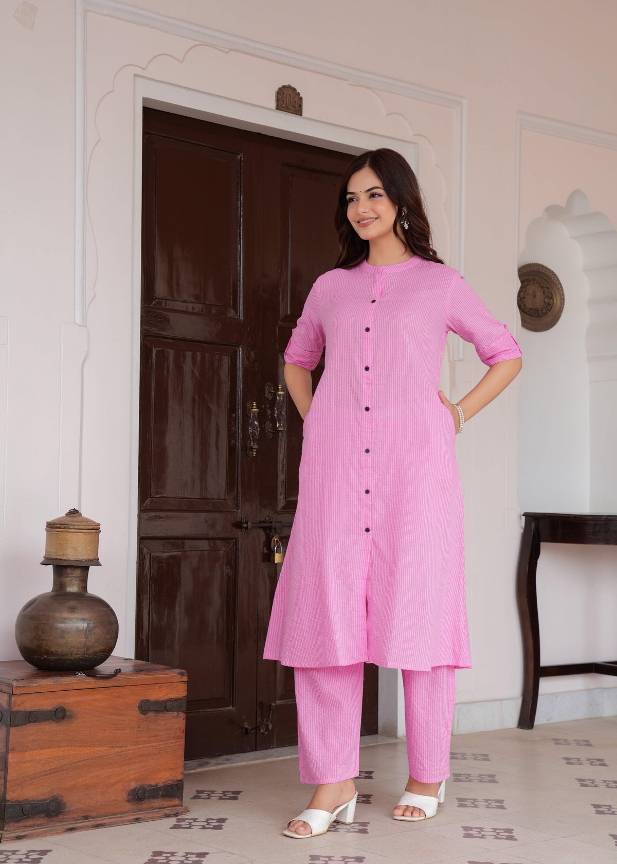Baby Pink Katha Cotton Kurta and Palazzo Set