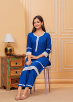 Blue Lace Work Cotton Kurta and Pant Set