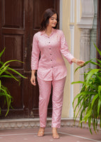 Soft Pink Leaf Printed Printed Cotton Blend Co-Ord Set