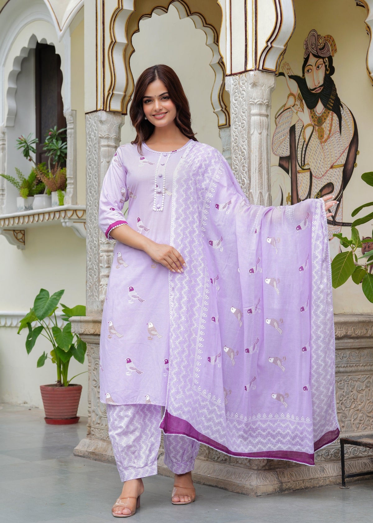 Bird Printed Cotton Kurta and Pant Set with Dupatta