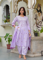 Bird Printed Cotton Kurta and Pant Set with Dupatta