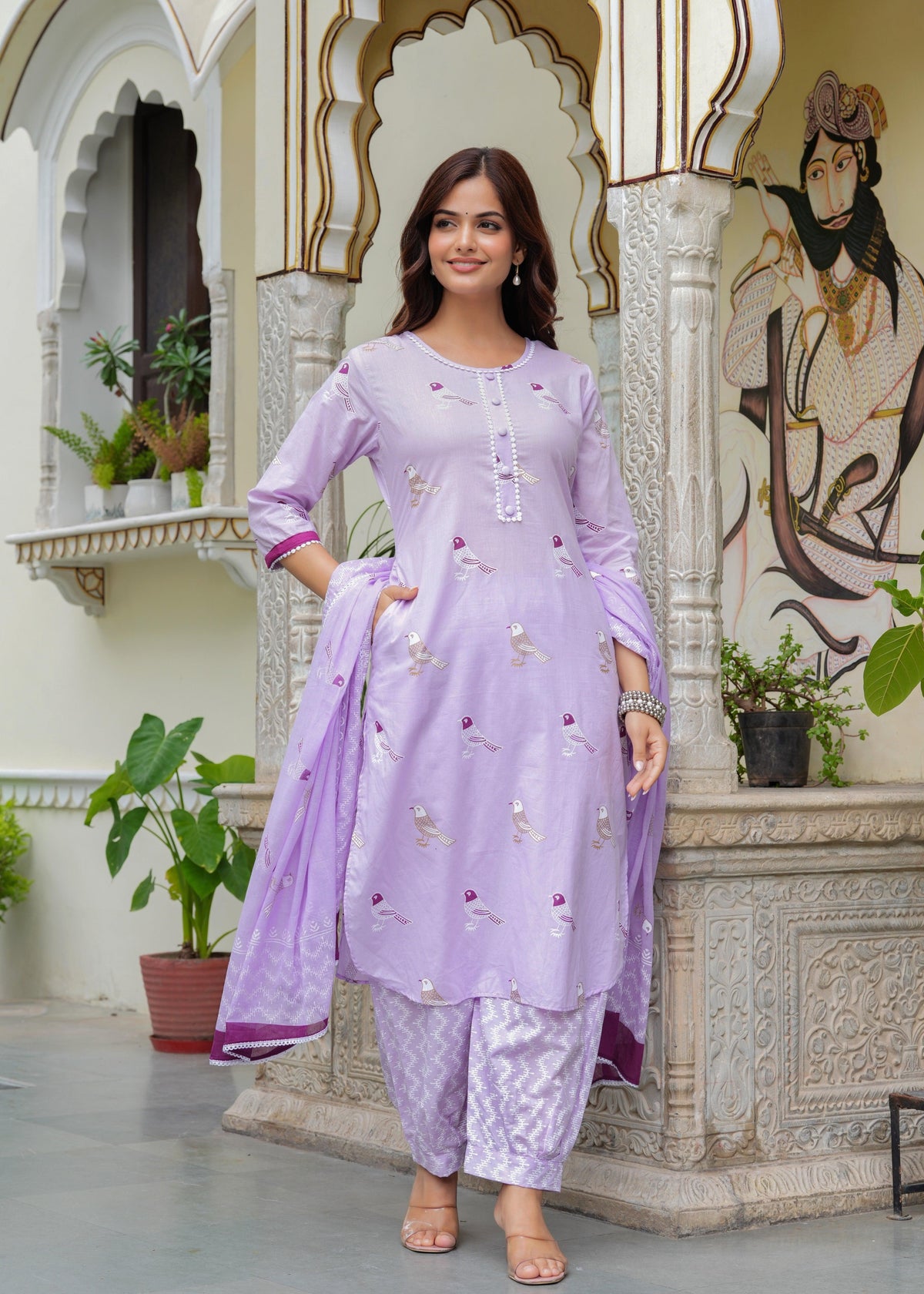 Bird Printed Cotton Kurta and Pant Set with Dupatta