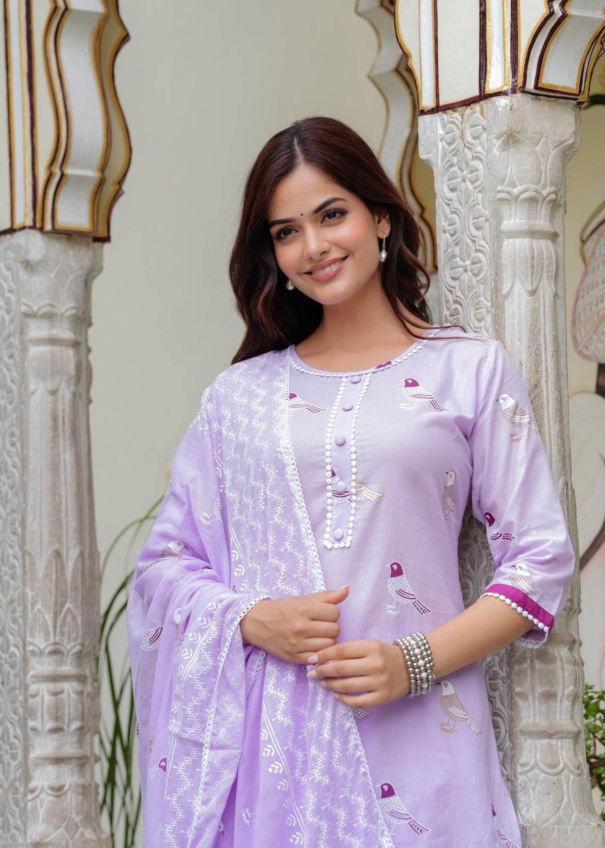 Bird Printed Cotton Kurta and Pant Set with Dupatta