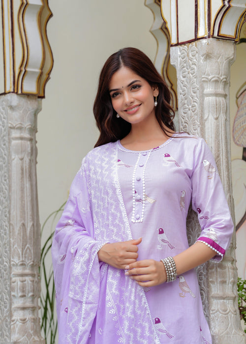 Bird Printed Cotton Kurta and Pant Set with Dupatta