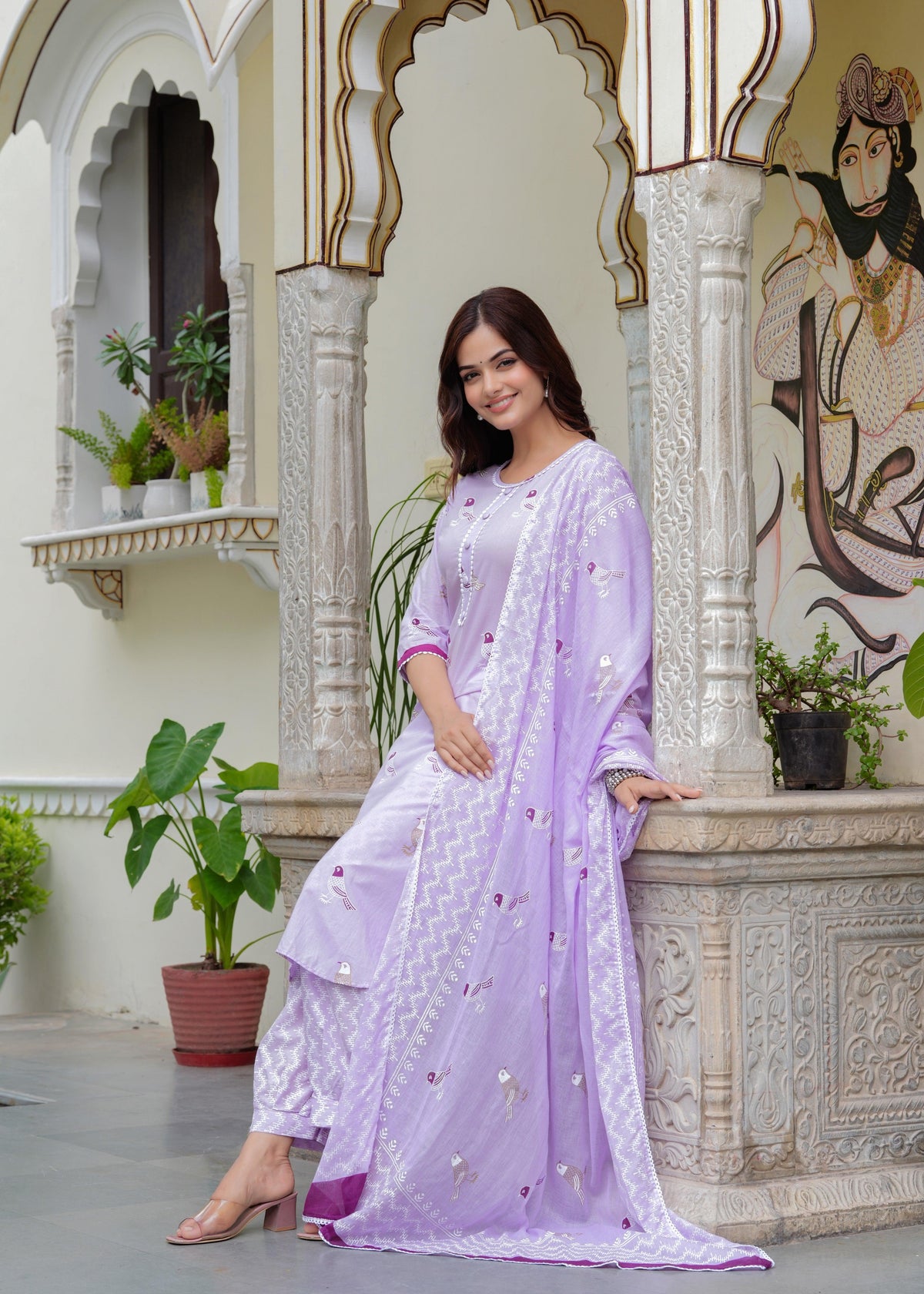 Bird Printed Cotton Kurta and Pant Set with Dupatta