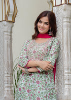 Tealish Green Embroidered Anarkali Suit Set with Georgette Dupatta
